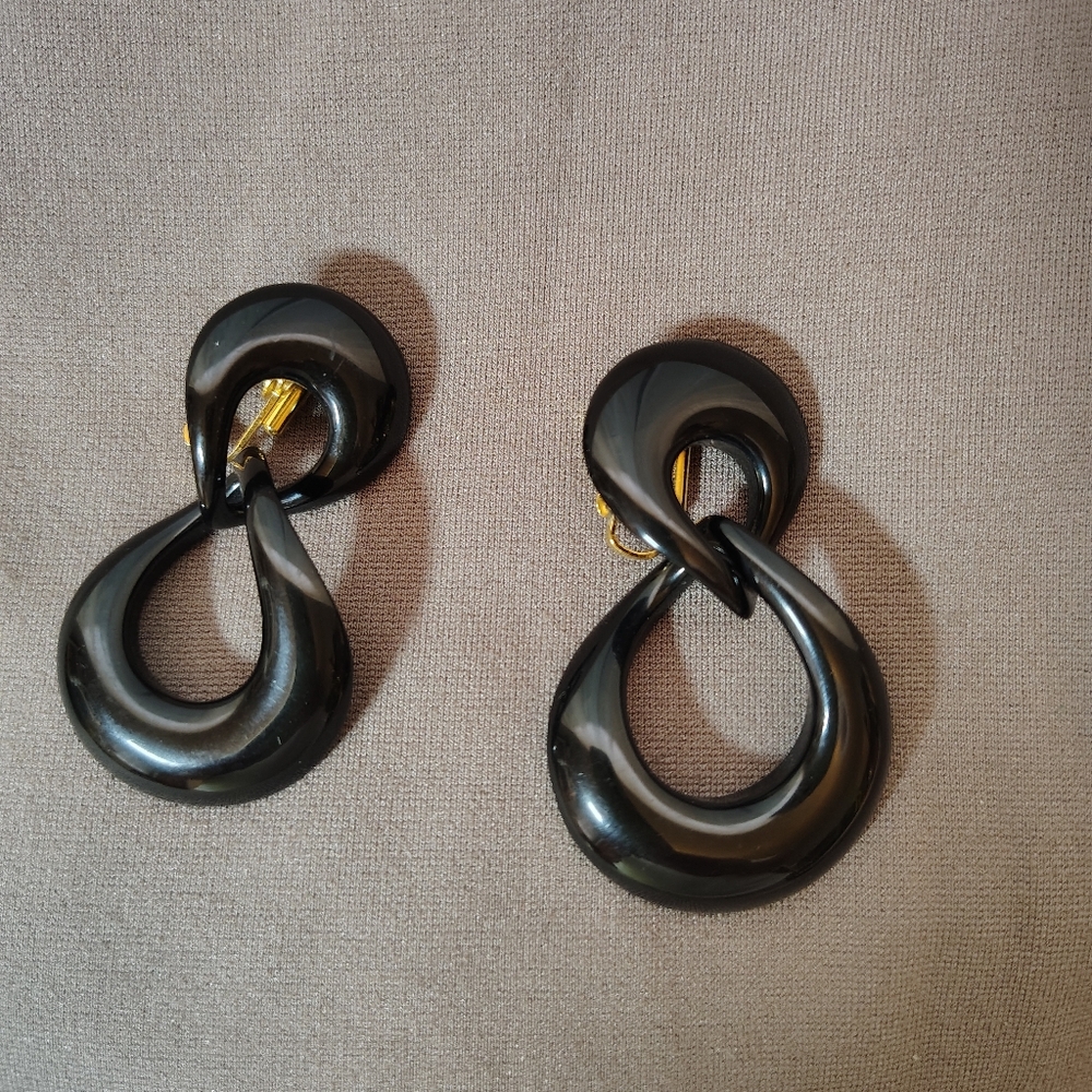 Vintage Black Clip On Earrings 2" Dangle Retro Statement Costume Jewelry
